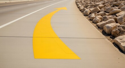 A Yellow Arrow Directs Towards Future Travel on a Concrete Path Alongside Rocky Terrain