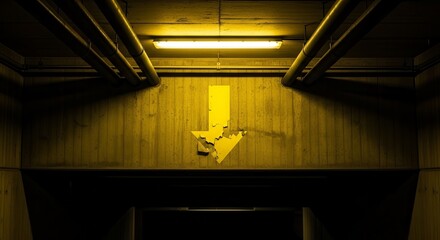 A Yellow Arrow Shows The Direction In A Dimly Lit, Concrete Structure