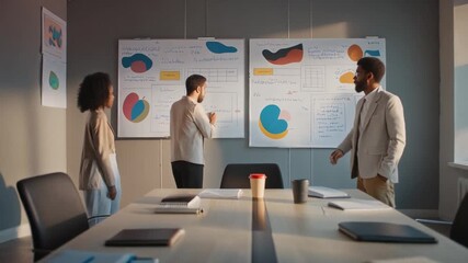 Three diverse business professionals collaborating in a modern meeting room, analyzing data on whiteboards with charts and graphs. - Powered by Adobe