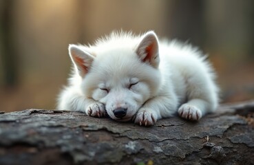 Naklejka premium Little white wolf cub sleeps soundly on a log in nature. Baby arctic wolf pup rests peacefully in wild forest habitat. Young animal enjoying quiet slumber in natural outdoor environment.