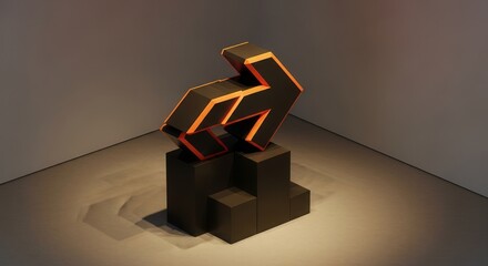 Abstract Arrow Sculpture on Pedestal with Dramatic Lighting and Geometric Design Concept
