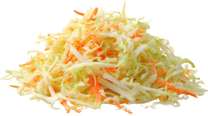 A fresh pile of finely shredded green and white cabbage mixed with orange carrots