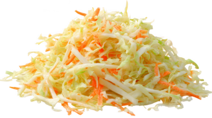 A fresh pile of finely shredded green and white cabbage mixed with orange carrots