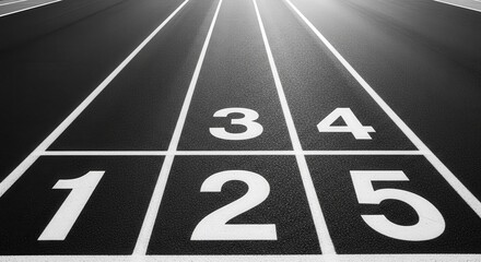 Abstract Athletic Track With Lanes In Grayscale, Perspective View From Ground Level