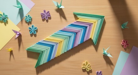 Abstract Colorful Arrow Sign with Decorative Paper Elements and Artistic Composition