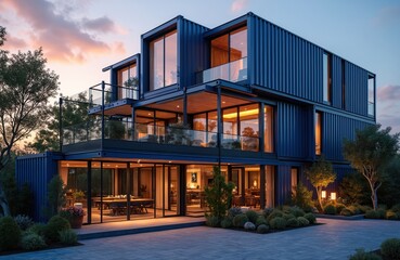 Obraz premium Modern modular building made from shipping containers at sunset. Eco friendly commercial complex features multiple terraces with glass railings, warm interior lights. Green landscaping surrounds