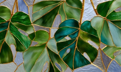 Fototapeta premium Stained Glass Monstera Leafs Stained Glass With gold lining Floral Artful Aesthetic 3d effect