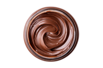 Chocolate spread swirl in jar, isolated on black background