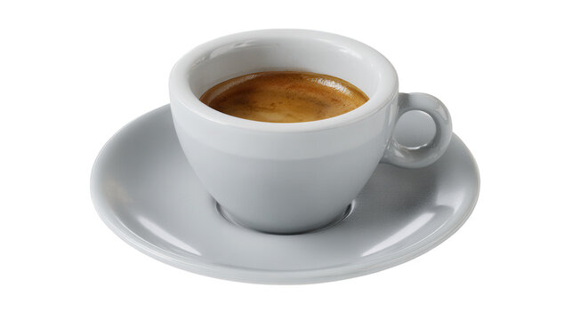 A pristine white ceramic cup filled with rich dark espresso sits on a matching saucer