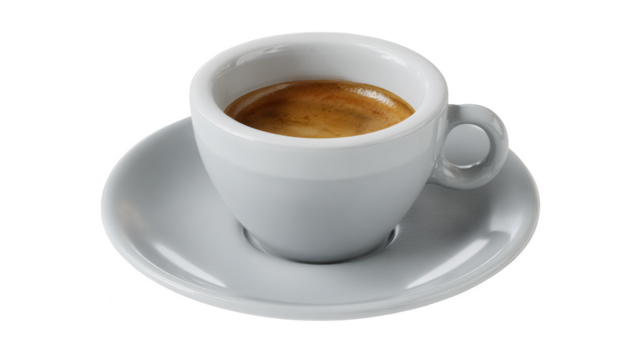 A pristine white ceramic cup filled with rich dark espresso sits on a matching saucer