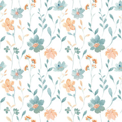 Watercolor green orange wild floral seamless pattern