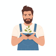 A man in overalls tenderly holds a small potted plant, showcasing his connection with nature and the importance of caring for the environment in daily life.