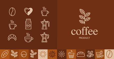 A delightful design showcasing various coffee-related icons alongside a logo, perfect for branding products in the coffee industry, highlighting warmth and community.