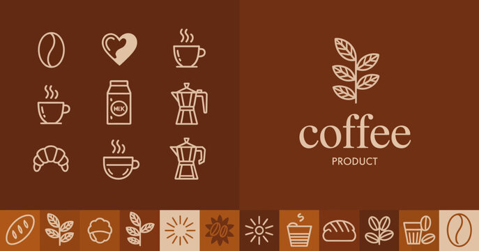 A delightful design showcasing various coffee-related icons alongside a logo, perfect for branding products in the coffee industry, highlighting warmth and community.
