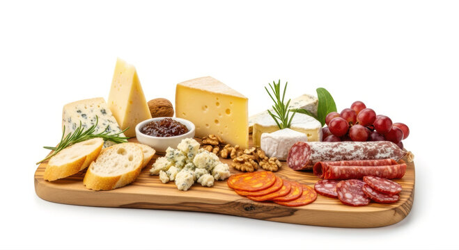 Elegant cheese and charcuterie board with assorted cheeses, salami, chorizo, baguette, grapes, walnuts, and jam, on wooden board, white background, copy space.