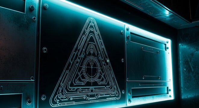 Abstract Digital Artwork of a Glowing Panel with Geometric Circuitry Designs