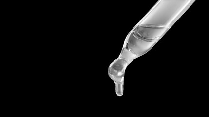 A transparent glass pipette tip holds clear liquid, with a single droplet about to fall