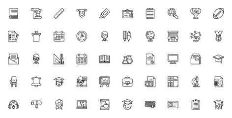 University icon set. Vector illustration. Education ymbols collection. Include book, document, globe, stdent, diploma, professor, xam, laptop, graduate and ore. Editable stroke.