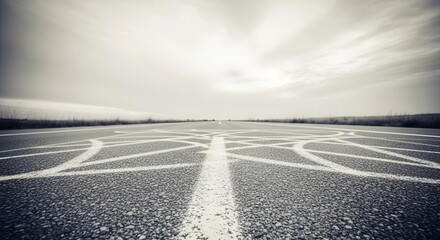 Fototapeta premium Abstract Road Marking Leading Into Distance Under Monochromatic Cloudy Sky