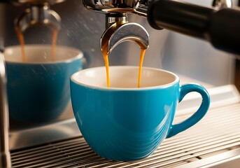 Espresso pouring into a blue cup from a coffee machine portafilter