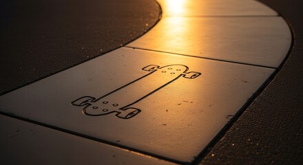 Abstract Skateboard Symbol Illuminated by Sunset Light on Polished Pavement Surface