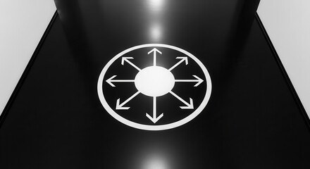 Abstract Geometric Symbol of Expansion and Direction on a Glossy Black Surface