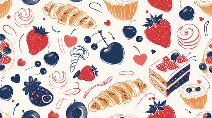 Seamless hand-drawn pattern of French pastries, croissants, berries, and chocolate hearts