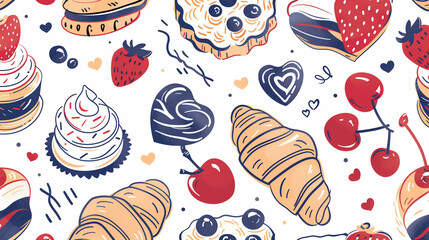 Seamless hand-drawn pattern of French pastries, croissants, berries, and chocolate hearts