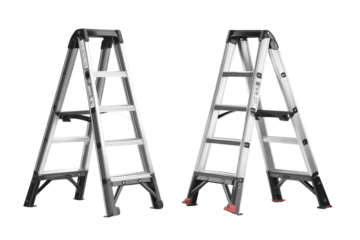 Two stepladders, silver metal, open, isolated on black