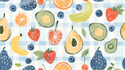Seamless pattern of colorful hand-drawn fruits over blue gingham background in playful style