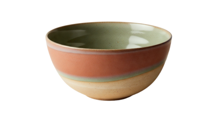 Handmade Three-Tone Ceramic Bowl with Pale Green Interior and Terracotta Bands - Transparent Background PNG Element.