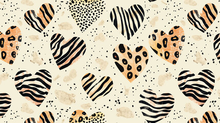 Seamless pattern of hearts with animal print textures including zebra and leopard spots