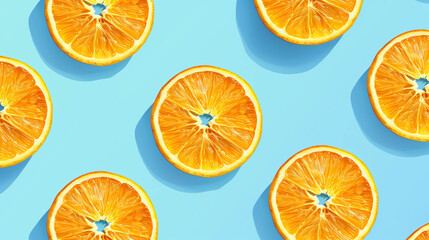 Fresh orange slices arranged on bright blue background in minimal seamless pattern