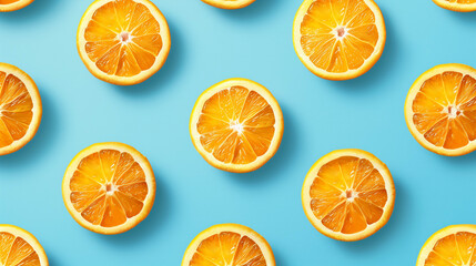 Fresh orange slices arranged on bright blue background in minimal seamless pattern