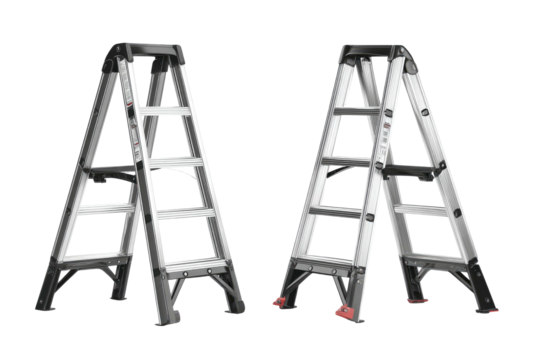 Two stepladders, silver metal, open, isolated on black