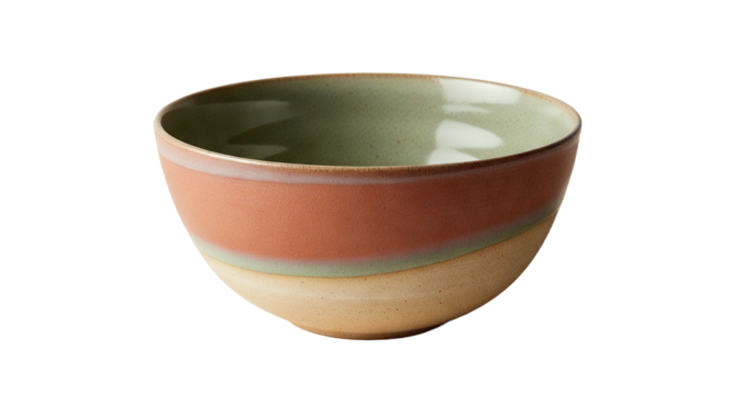 Handmade Three-Tone Ceramic Bowl with Pale Green Interior and Terracotta Bands - Transparent Background PNG Element.