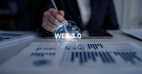 Concept of Web 3.0, the next generation of the internet. This technology represents a decentralized global network built on blockchain, enabling new digital experiences. Fermion