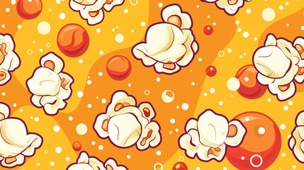 Seamless popcorn pattern with fluffy kernels on vibrant orange background with playful bubbles
