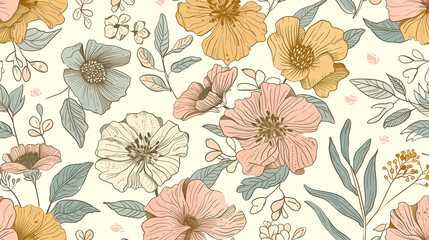 Seamless vintage floral pattern with large soft pastel flowers and green leaves on cream background