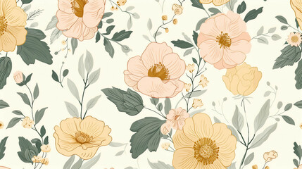 Seamless vintage floral pattern with large soft pastel flowers and green leaves on cream background