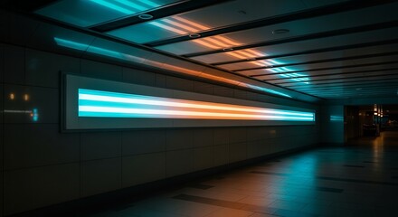 Abstract Illuminated Corridor Showing Neon Lights and Reflections Creating a Modern Aesthetic