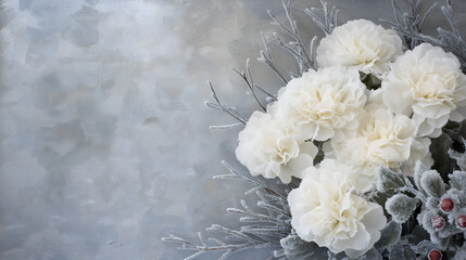 Winter floral composition with frosted white flowers and icy branches