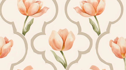 Elegant seamless pattern of pale pink tulips with leaves over soft geometric cream background