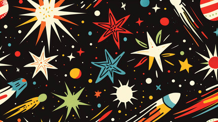 Seamless retro space-themed pattern with rockets, colorful stars, and planets on black background