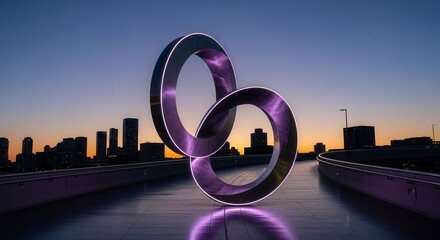 Abstract Illuminated Sculpture Cityscape Against The Evening Sky And The Urban Skyline