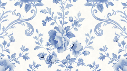 Seamless vintage toile pattern with blue roses and elegant floral vines on white background