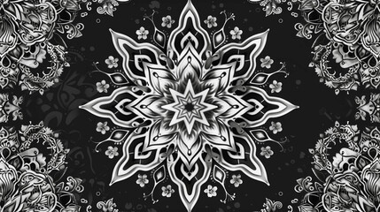 Detailed symmetrical mandala design in black and white with ornate floral and paisley elements