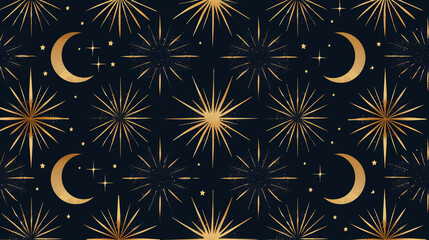 Seamless celestial pattern with crescent moons and radiant stars on black background