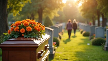 Casket with orange flowers in cemetery. Mourners walk in background. Funeral service on sunny day with green grass and trees. Headstones and graves are visible.
