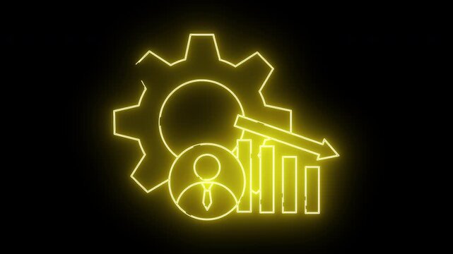 Yellow neon outline depicts a cogwheel a person a bar graph and a downwardpointing arrow on a black background